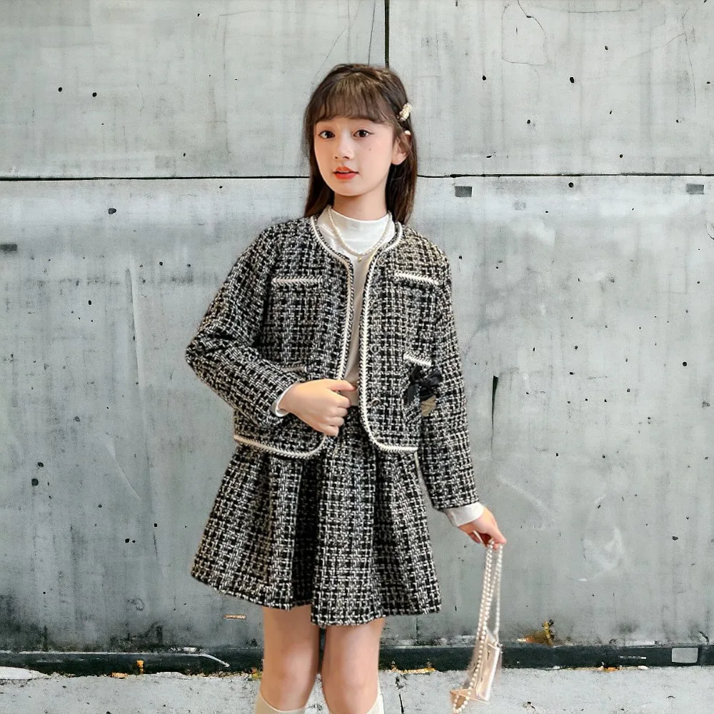 Girls Plaid Set Outfits Teenagers Kids Clothes Baby Suit School Blazer & Skirt Children Costumes Sets Spring 6 8 10 12 13 Years