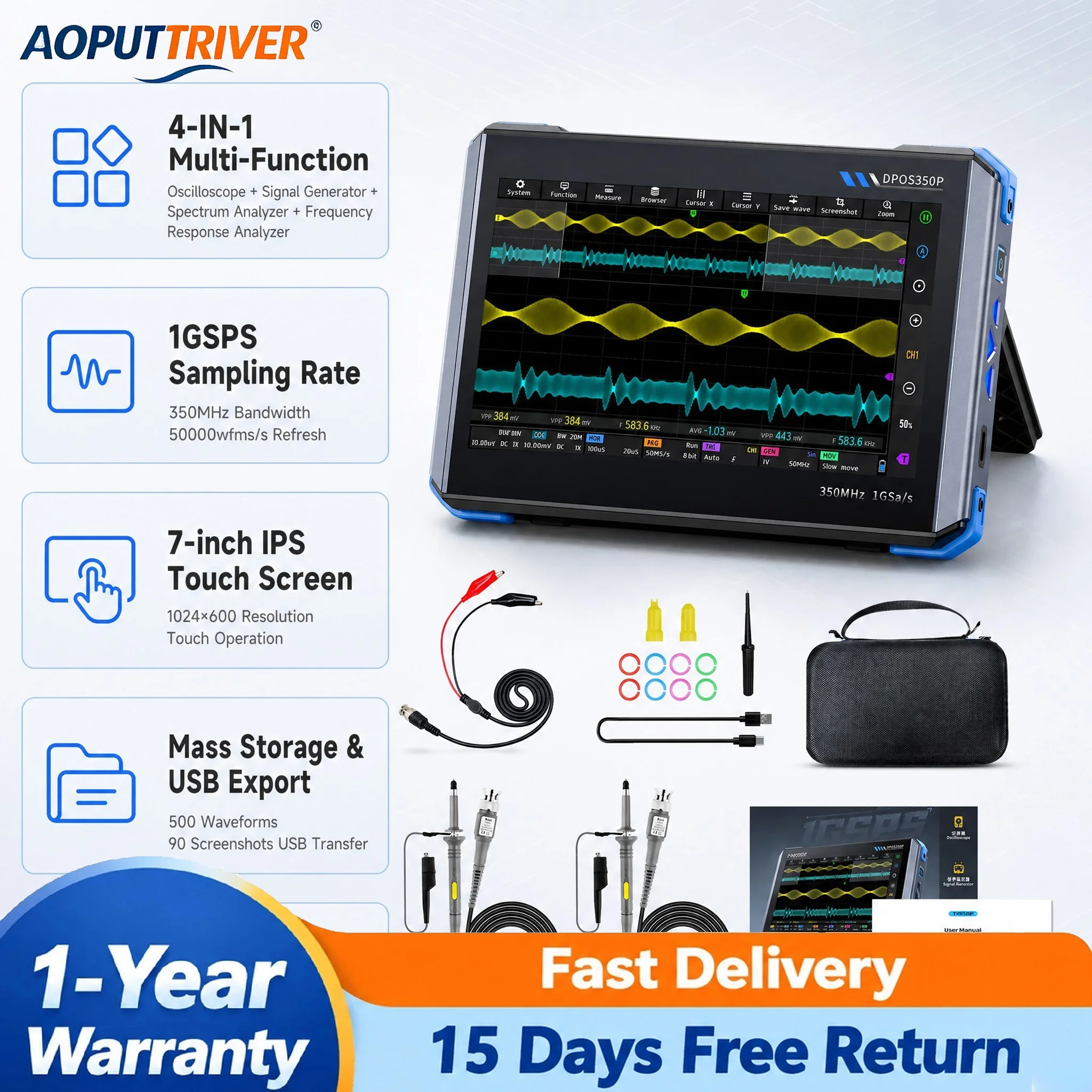 FNIRSI DPOS350P 4-in-1 Tablet Oscilloscope 350MHz 1GS/s Dual Channel Signal Generator Spectrum Analyzer 7inch IPS Touch Screen