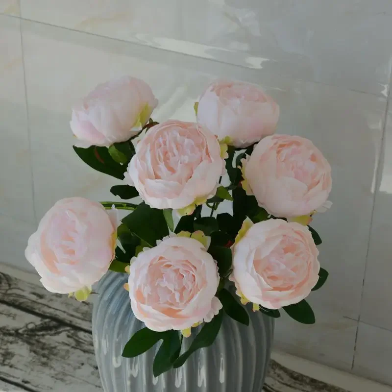 3/4 Stück Hochzeits-Pfingstrosen in Rosa, herzförmig verpackt, künstliche Blumen, 7 Blütenköpfe, Pfingstrosenstrauß, Seidenblumen, Heimdekoration – Detail 6