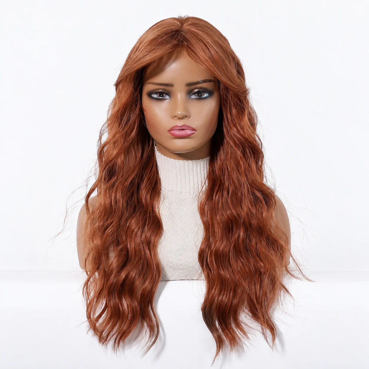 Halloween Wig TopShe Long Wave Rust Brown Wig for Woman Synthetic Wig Copper Brown Heat Resistant Fiber with Layered Comfortable Breathable Suitable for Daily Gatherings Female Role-Playing Wig Hairstyles