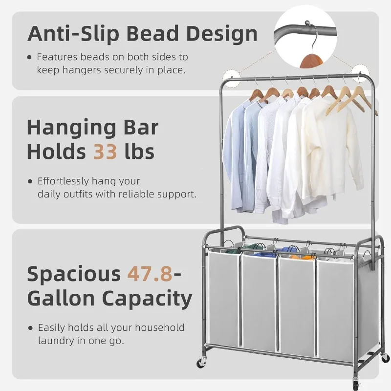 Laundry Sorter with Hanging Bar, Portable, Removable Laundry Hamper Cart with Heavy Duty Rolling Lockable Wheels