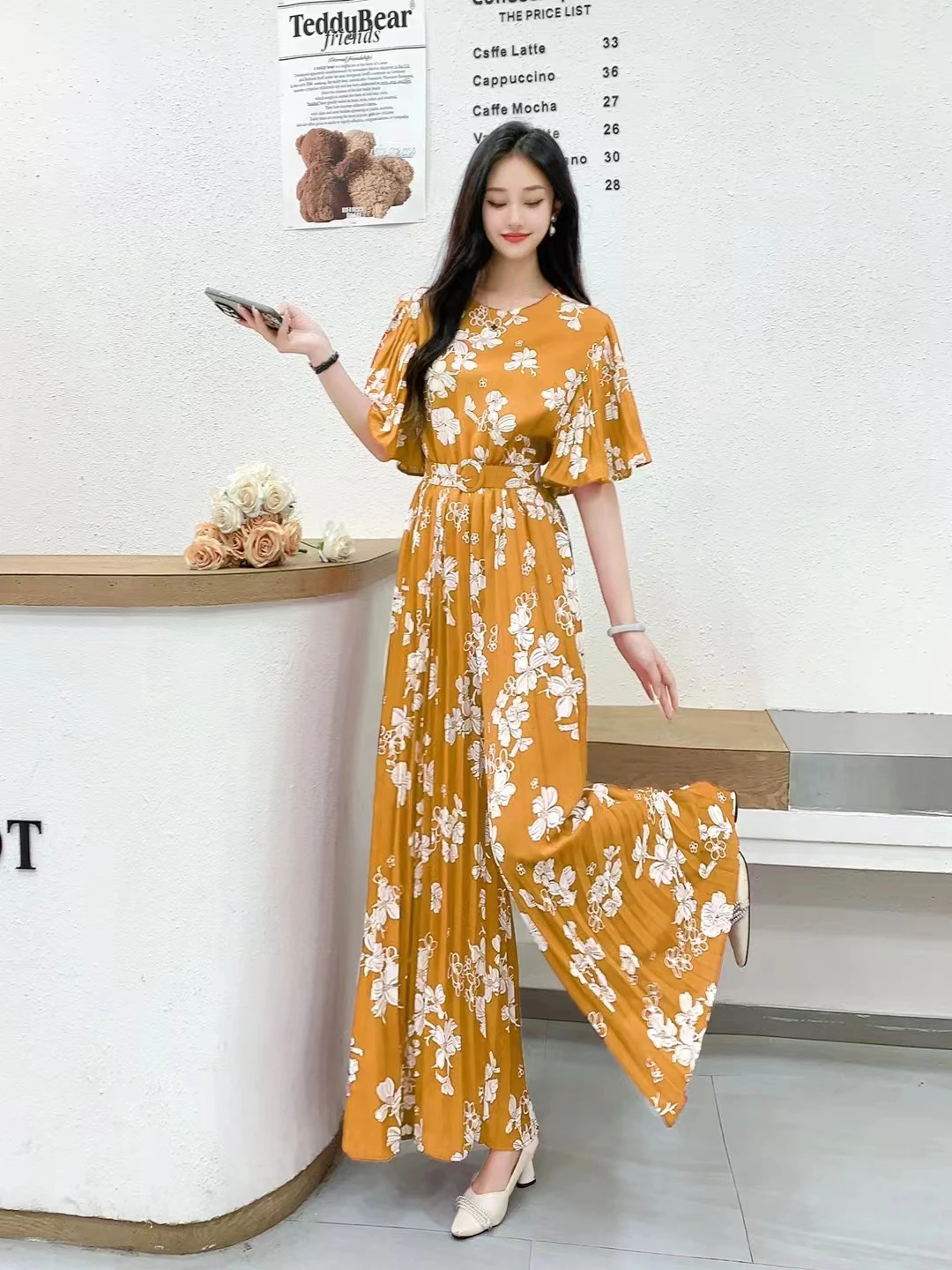 2024 New Summer Women O-Neck Speaker Sleeve Belt Slim Jumpsuit Sweet Floral High Waist Pleated Wide Leg Long Pants Jumpsuit