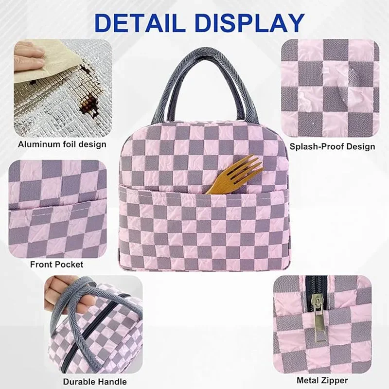 Insulated aluminum foil lunch bag, student portable checkered lunch box bag, suitable for use on school trips