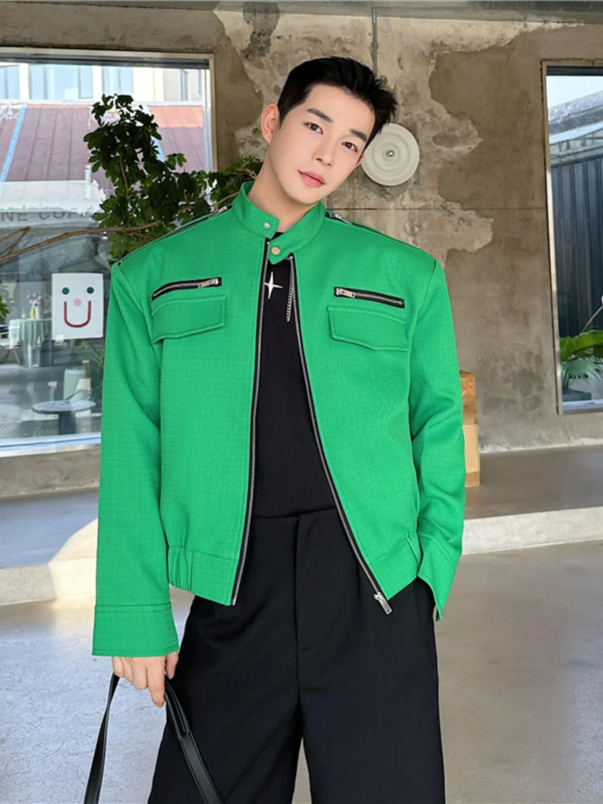 

Spring Autumn een Men's ort Casual Jaet Zipper Design Stand Collar Sli Polyester Fiber Anti-Wrinkle Treaent