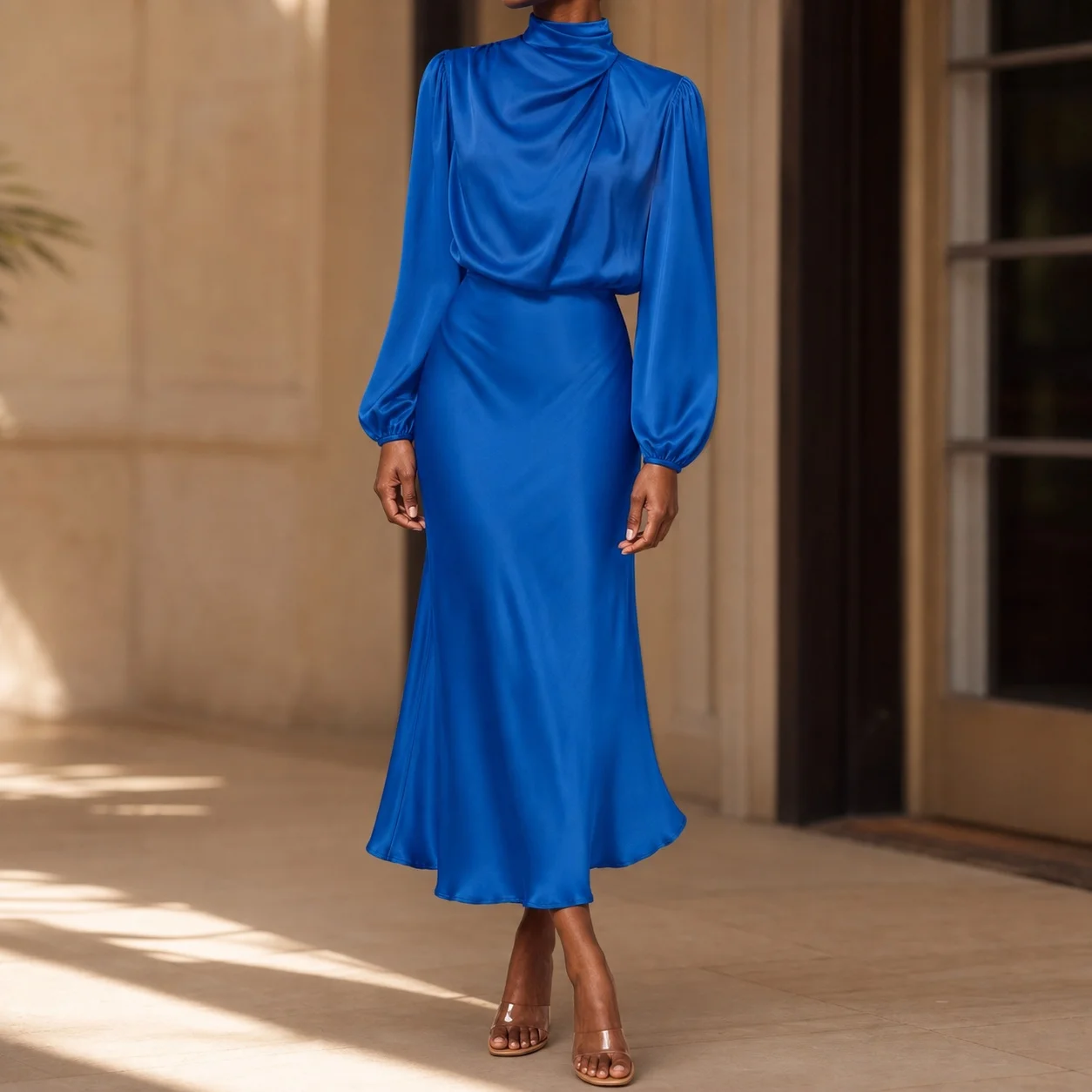 Women Elegant Long Sleeve Lantern Sleeve High Waist Satin Midi Bodycon Dress for Wedding Guest Party Prom Wedding Party Guest