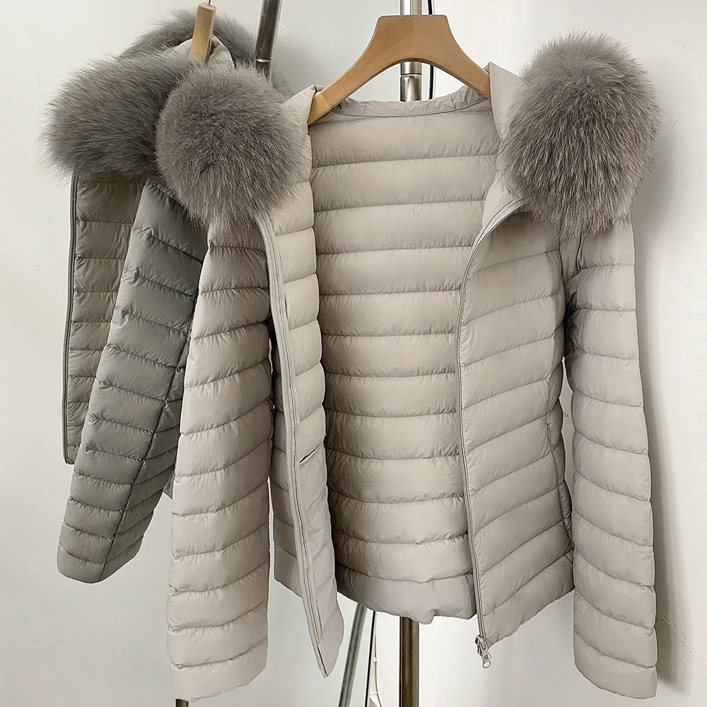 OFTBUY Goose Down Real Fox Fur Collar Lightweight Quilted Zip Up Clothes New Winter Puffer Coat Women Short Hooded Down Jacket