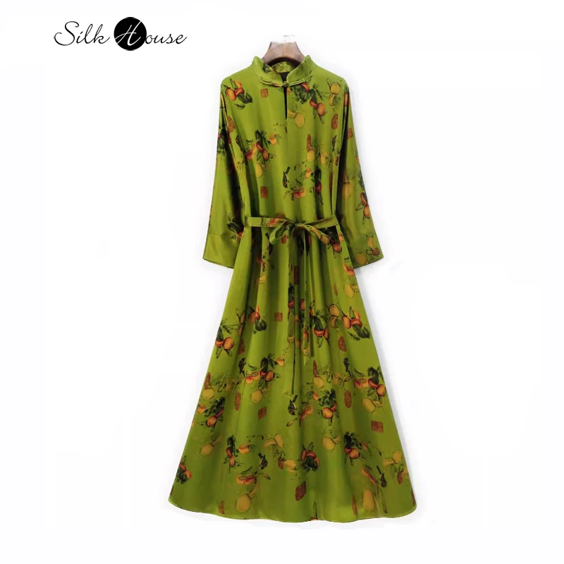 

High Quality 60MM 100% Natural Mulberry Silk Fragrant Cloud Yarn Water Drop Buckle Standing Collar Long Sleeved Women's Dress