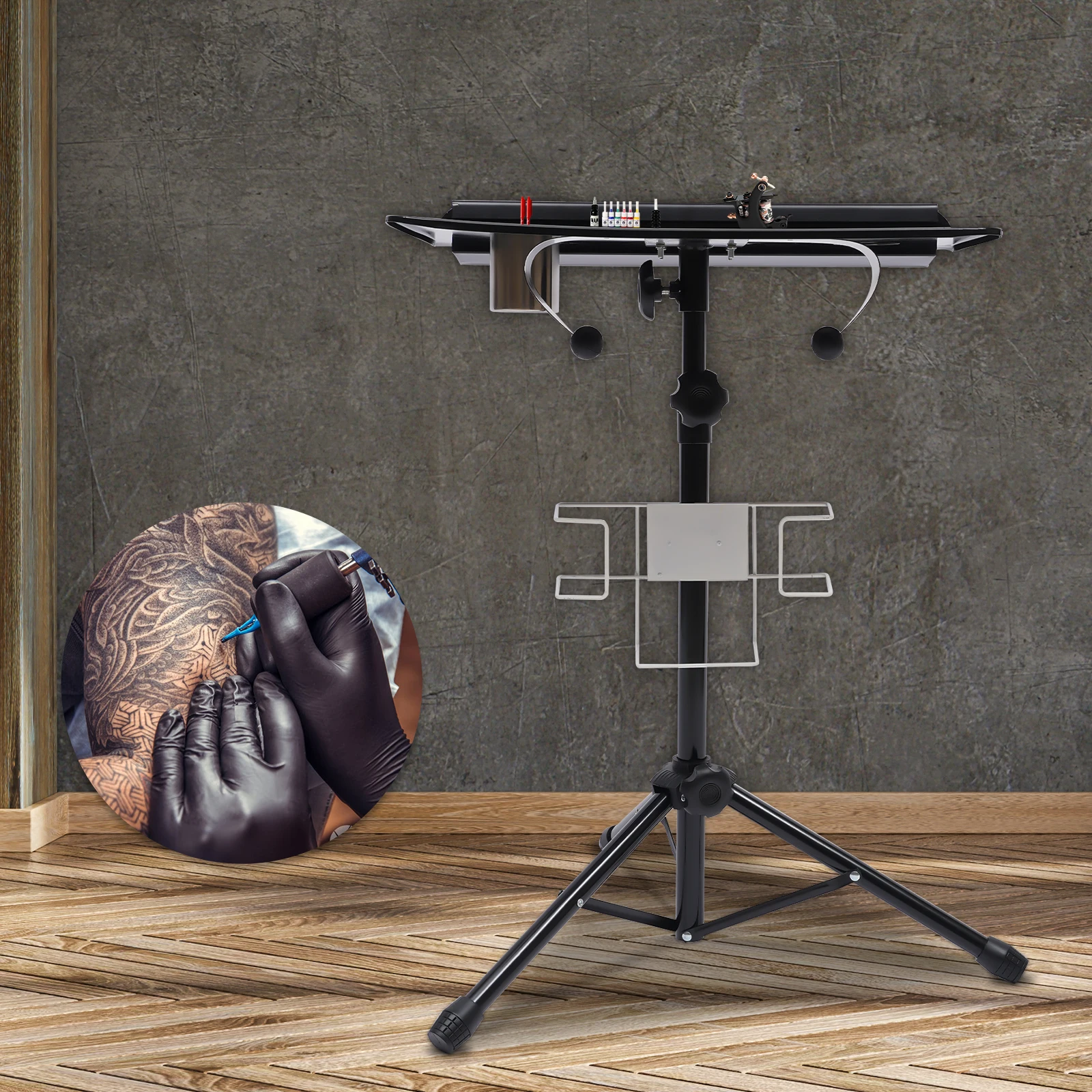 Tattoo Workbench ขาตั้งแบบพกพา Salon Tattoo ตาราง Work-Station ถาดมือถือปรับความสูง W/ขาตั้งกล้องแบบพับเก็บได้และกล่องสี
