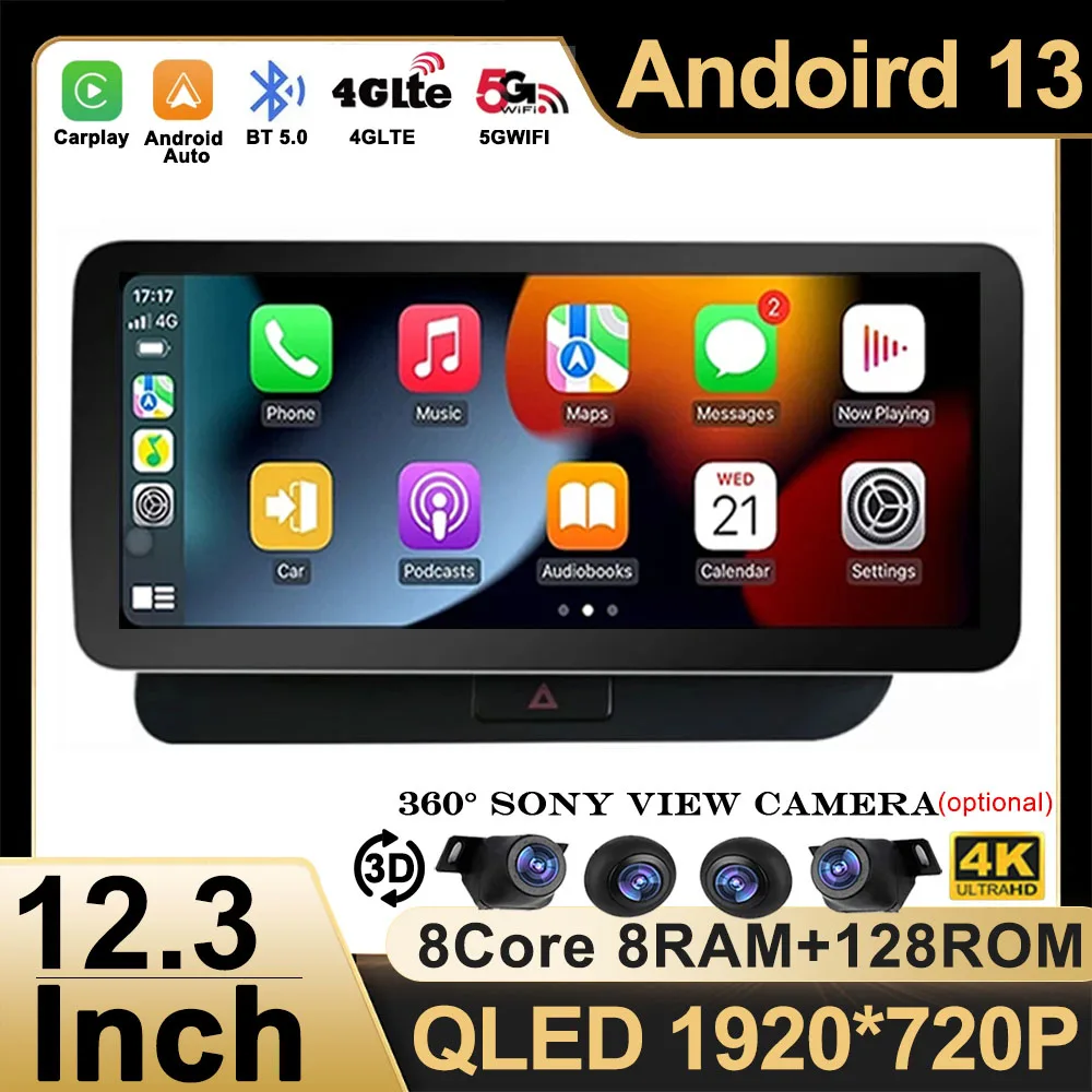 12.3 Inch Android 13 For Audi Q5 2009-2017 RHD Carplay WIFI+4G Car Stereo Auto Radio Multimedia Player GPS Navigation 360 Camera