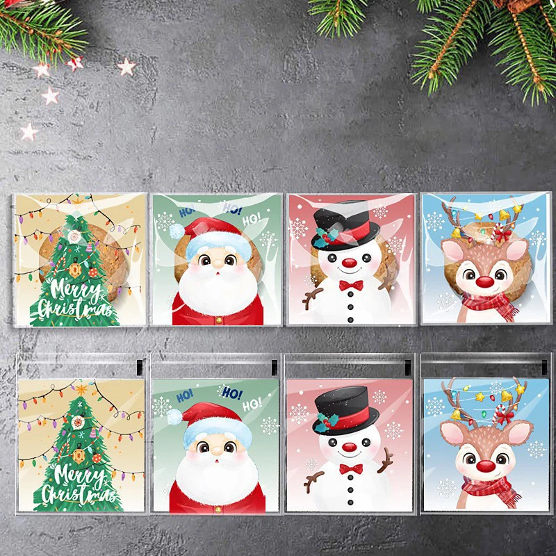 

100 Pcs Christmas Cookies Gift Wrapping Bags Self-Adhesive Plastic Candy Bags Christmas Party Decor Supplies Baking Packaging
