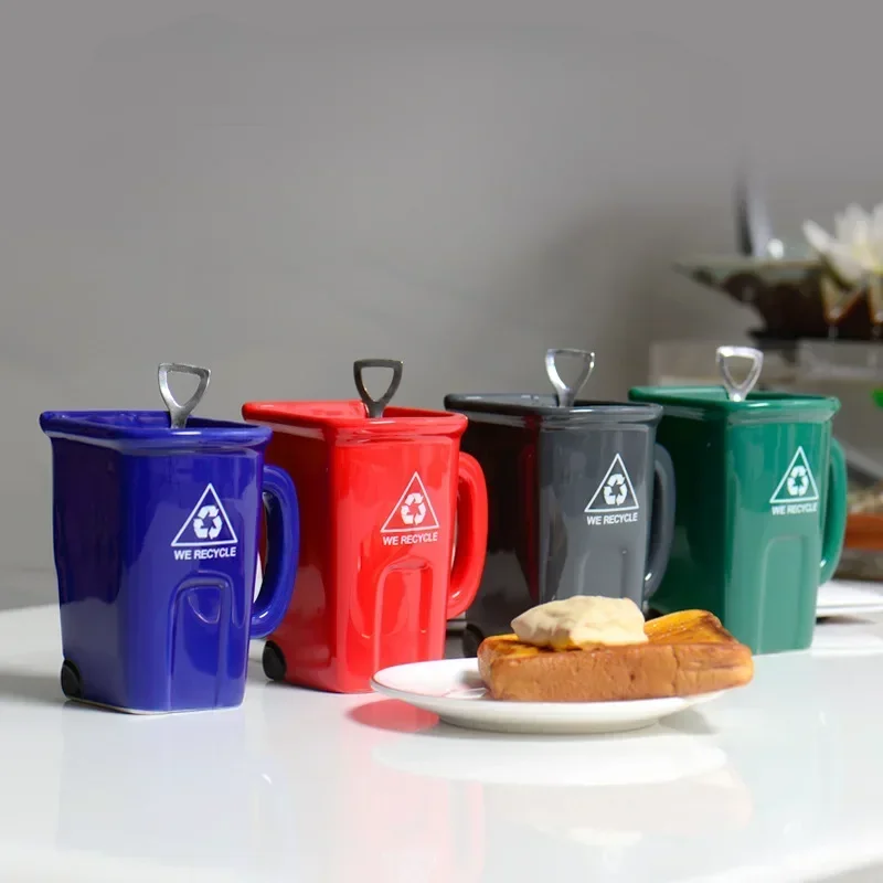 

Square Trash Can Ceramic Mug Green Recyclable Bucket Water Cup Fun Creative Exotic Coffee Cup