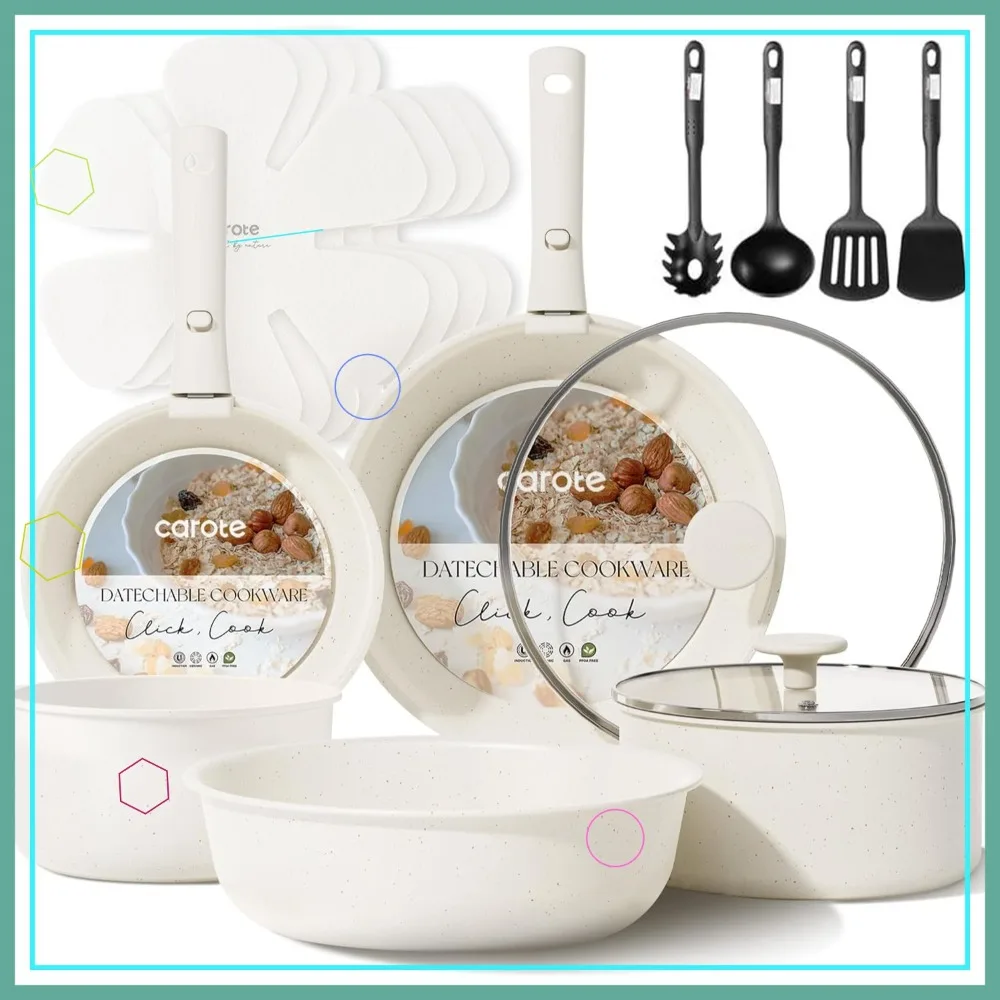 

17-Piece Detachable Handle Cookware Set, Nonstick Induction Kitchen Pots and Pans, Oven Safe Space-Saving