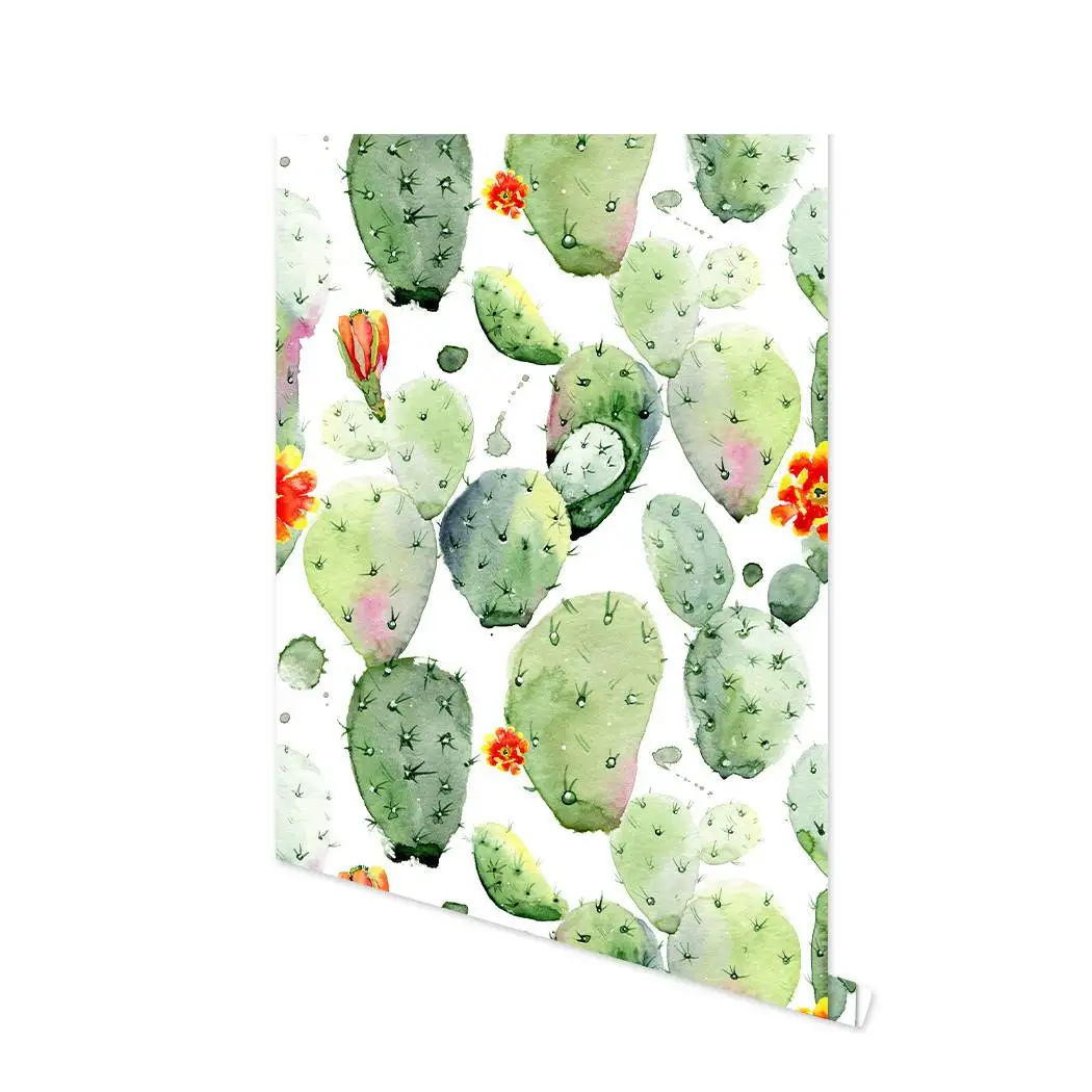 Aquarell Kaktus Schälen und Stick Abnehmbare Tapete Grün/Weiß Floral Selbst-Adhesive Vorpastiertes Tapete Wandbild für Decor