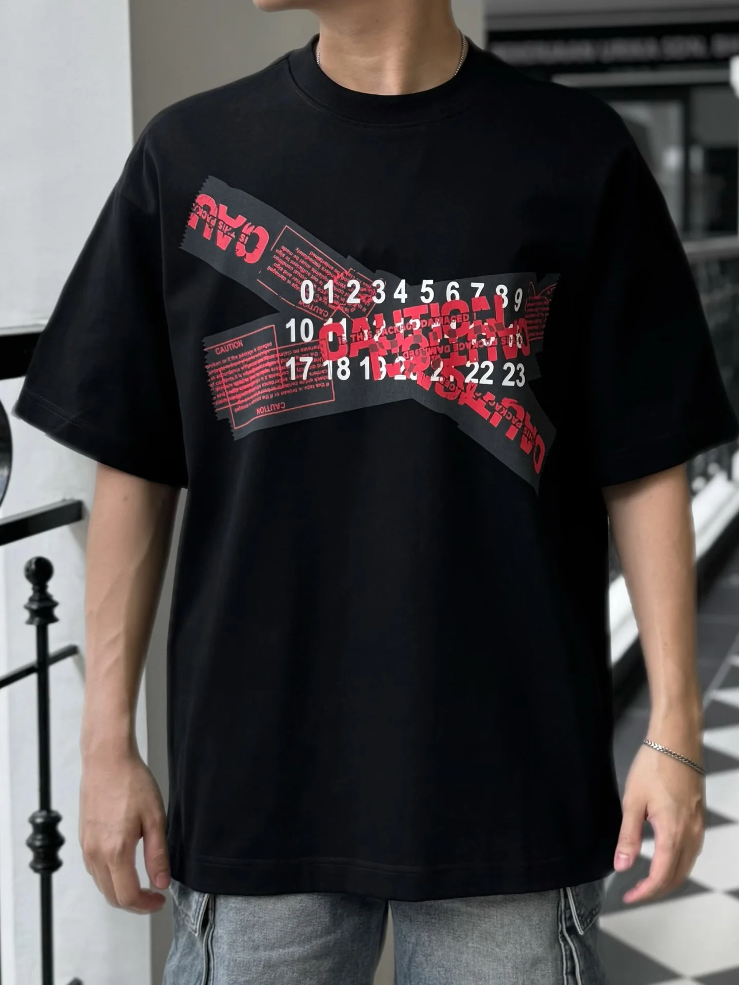 2026 new Black Crew Neck T‑shirt Tape Sticker Crossed Digital Number Glitch Text Graphic Unisex Cotton Short Sleeve Tee