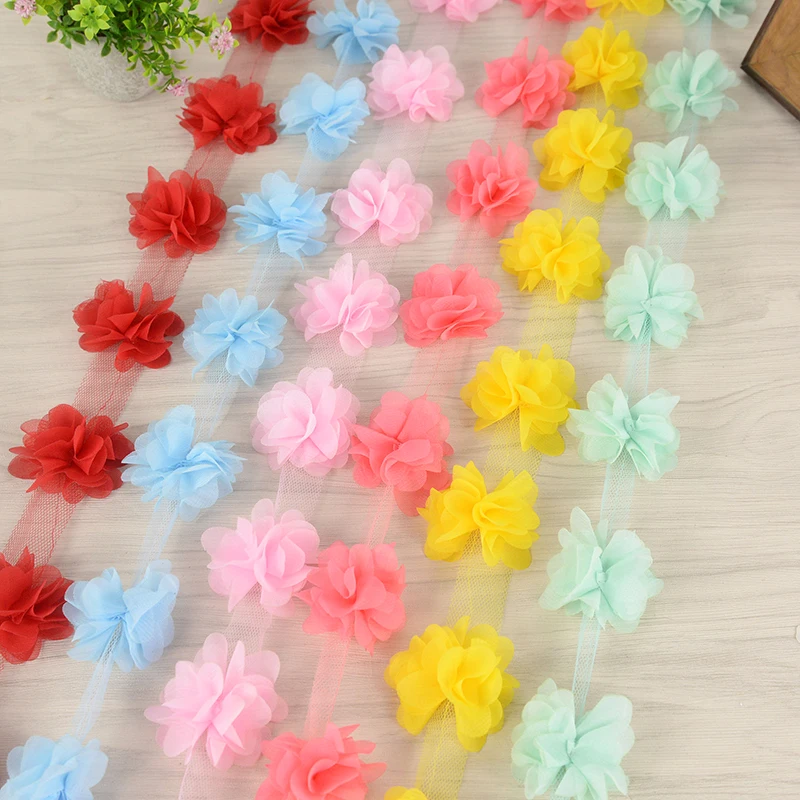 2Yards Flower Chiffon Cluster Flowers Lace Ribbon Wedding Dress Decor Bridal Fabric Lace Trim Fabric DIY Crafts Sewing Supplies