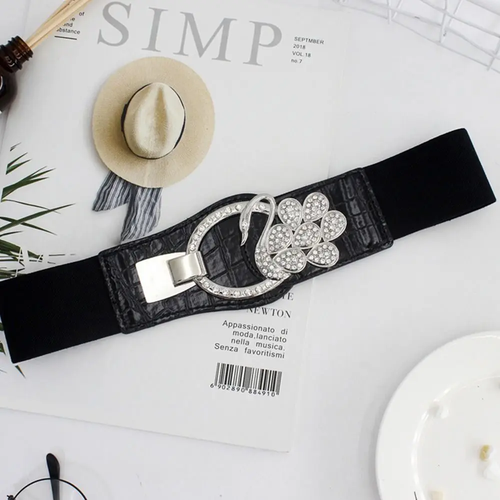 Women Ladies Crystal Swan Wide Women Black Cinch Waist Belt Elastic Stretch Gift
