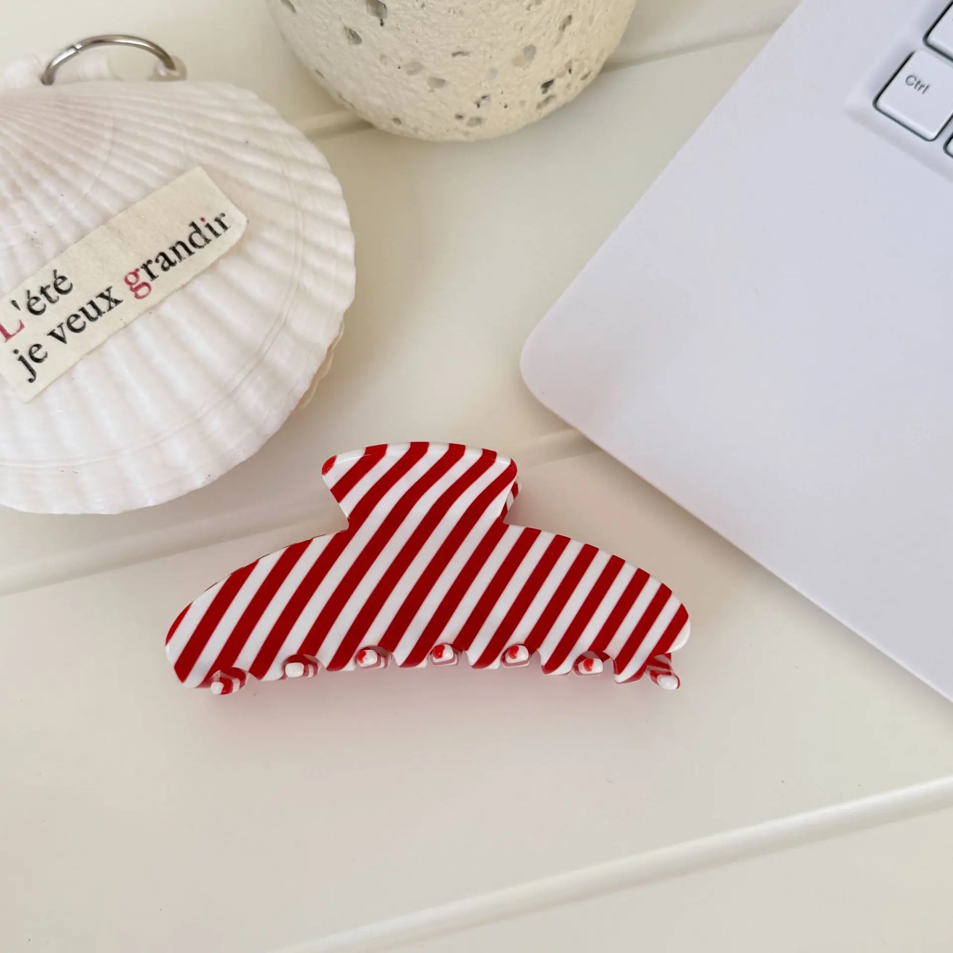 

Hair Claw Clip Acrylic Large Striped Cream French Premium Strong Grip for Back Bun Updo Travel Party Daily Premium