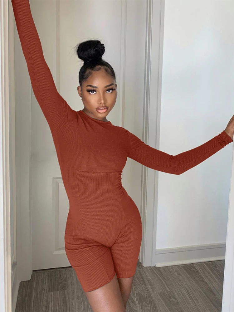 Women Bottoming O Neck Short Pants Winter Solid Knitted Sports Jumpsuits Romper Pullover Bodysuit Slim Buttocks Clothing Outfits