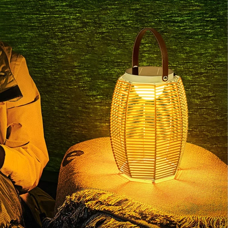 Portable Lantern Outdoor Garden Lamp Iron Material Imitation Rattan Style Landscape Light Solar Waterproof Home Decor LED Lustre