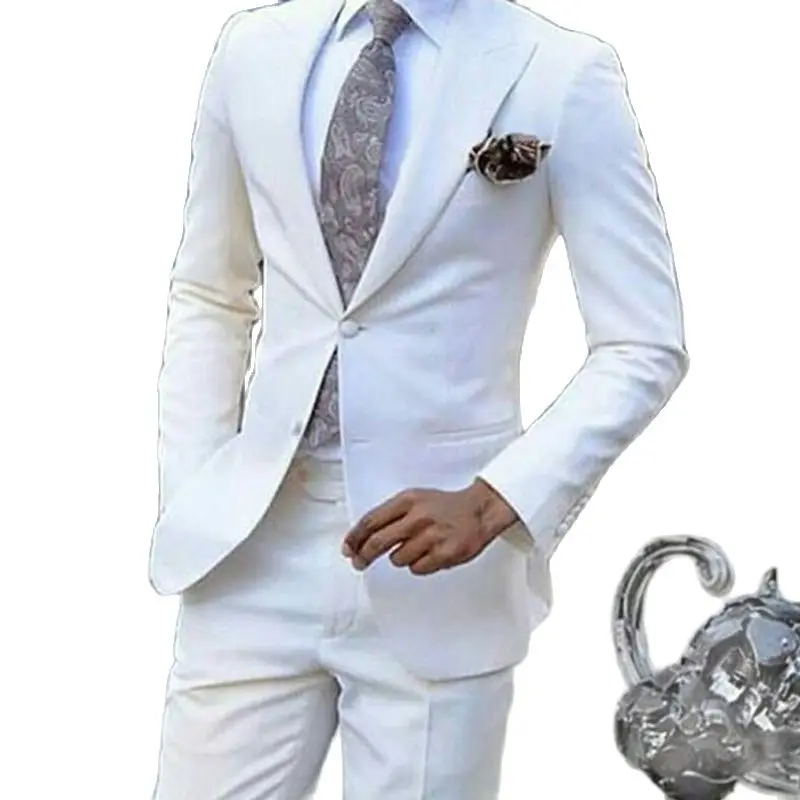 Witte Bruiloft Smoking Voor Bruidegom Piekte Revers Slim Fit Mannen Pak Fashion Design Zakelijke Slijtage 2 Stuks Jas Met Broek 2023