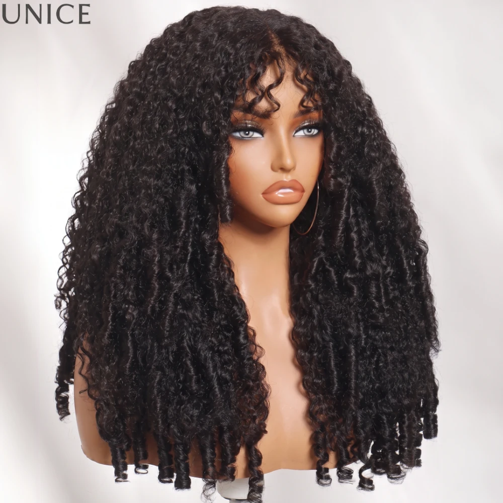 UNice Rutschfeste 7x5 Lace Perücke aus Natürlichem Schwarzen Burmesischen Lockigen Echthaar mit Fingerlocken-Enden und Gesichtsrahmen-Pony