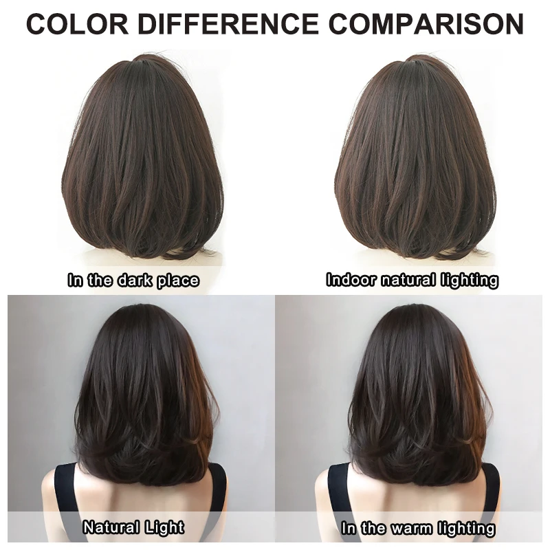 7JHH WIGS High Density Short Straight Chocolate Bob Wig for Women Daily Synthetic Layered Brown Hair Wigs with Curtain Bangs