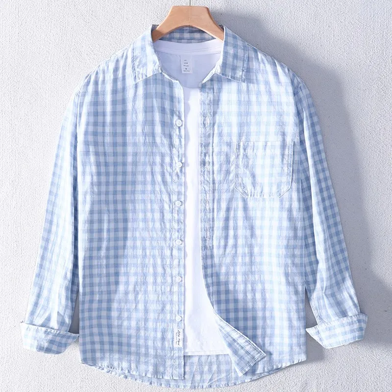 

Fre Cotton Plaid Long Sve Men's irt Summer Thin Loose Top Japanese Sle Full Cotton Jaet Outerwear Student Faion
