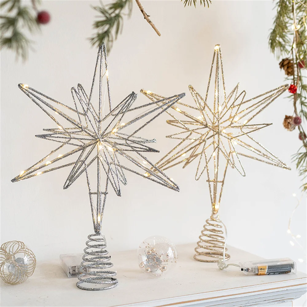 Christmas Tree Toppers Star with LED String Lights Ornaments for Christmas Home Party Decoration Festival Party New Year