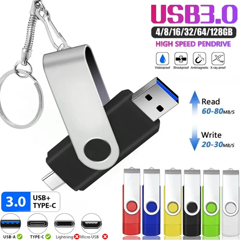 

TYPE C USB 3.0 Flash Drive Metal Pen Drive 256GB 128GB 64GB 32GB 16GB 8GB Memory Stick 2IN1 High Speed Pendrive Free Custom LOGO