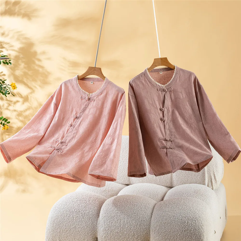 

Women's Chinese Bandmade Buttons O-Neck Pajamas Long Sleeve Shirt Long Pants 2 Piece Set of Cotton Ladies Home Set