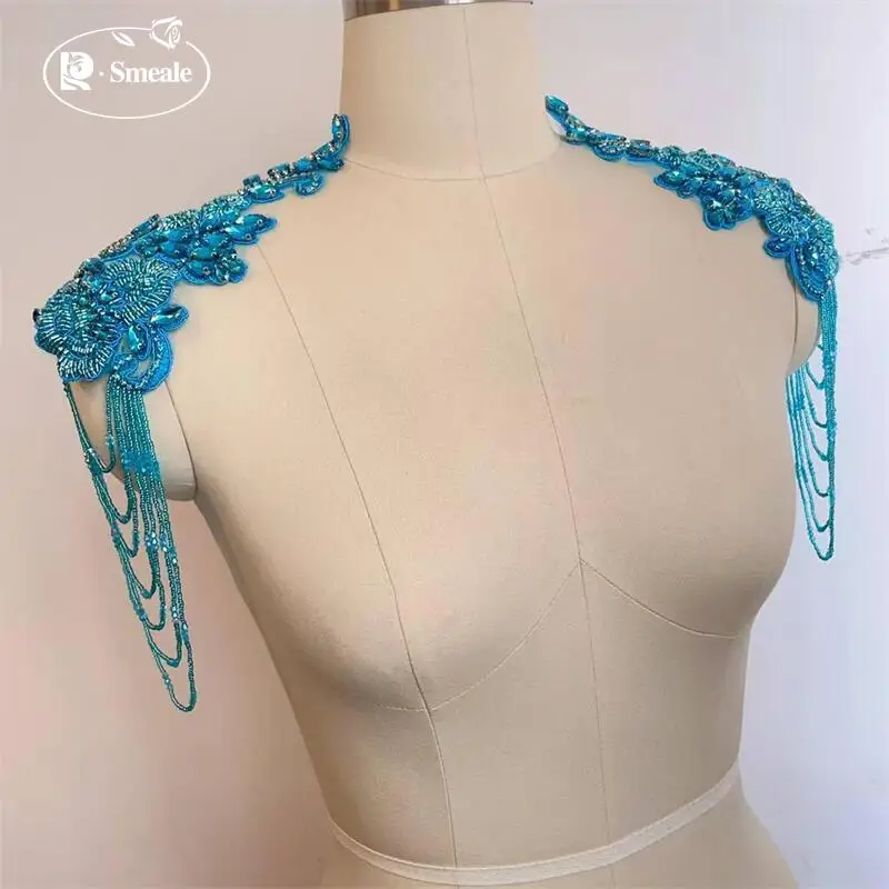 1 Paar. 35x12cm. Funkelnde Abendkleid-Dekoration DIY-Applikationen für die Schulter. Handgenähte Quasten-Glasdiamant-Applikationen für Kleidung. – Detail 7