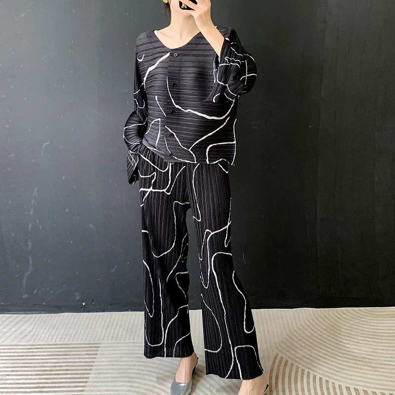 ANLAN 2026 New Arrival Printed Pleated Sleeve Set Round Neck Long Sleeve Top + Casual Straight Pants Two-Piece Trendy Sets 7A163