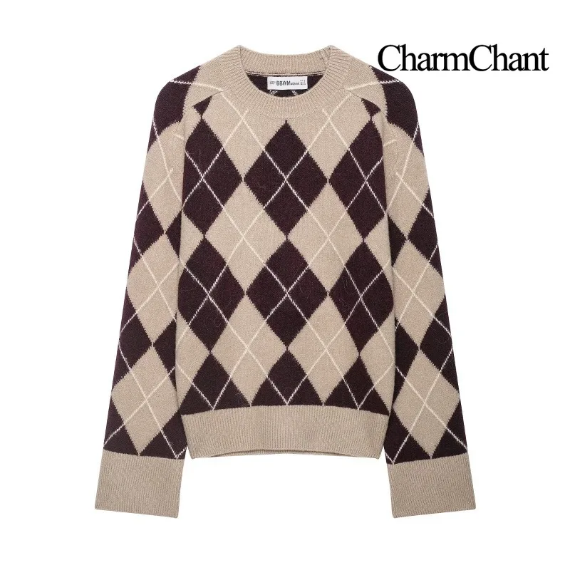 CHARMCHANT Women's Argyle Knit Sweater Round Neck Diamond Jacquard Long Sleeve Loose Pullover Beige Burgundy Fall Winter 2026