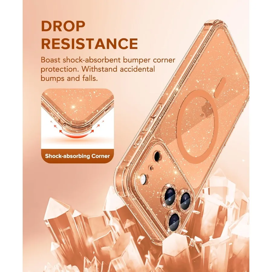 Sparkle oranje helder glitter schokbestendig beschermhoesje voor iPhone 17 Pro dames compatibel met MagSafe anti-vergeling ontwerp