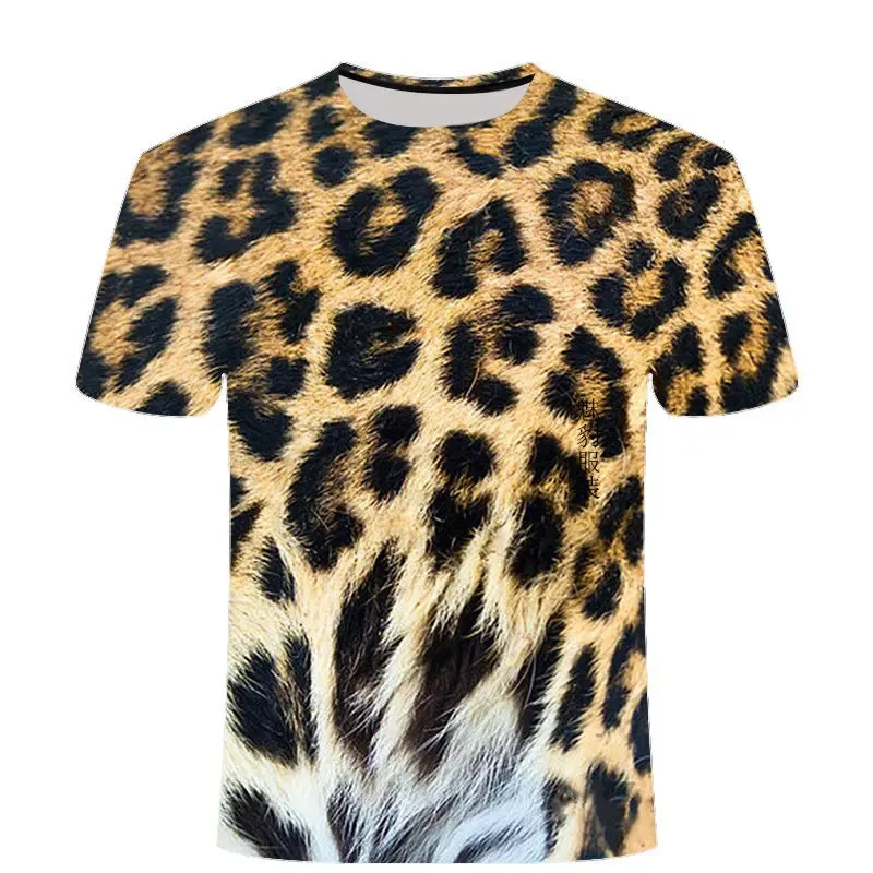 Leopard Print 3D Printing T-shirt Contrasting Stripes Fleck O-neck T Shirt For Men And Women's Summer Fashion Comfortable Top