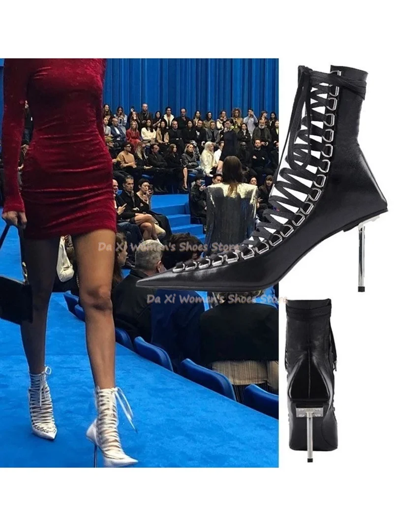 Black Patent Leather Instep Cut-Out Ankle Boots Ultra-Pointed Toe Cross Lace-Up Metallic Feeling Round Heel  Women's Boots