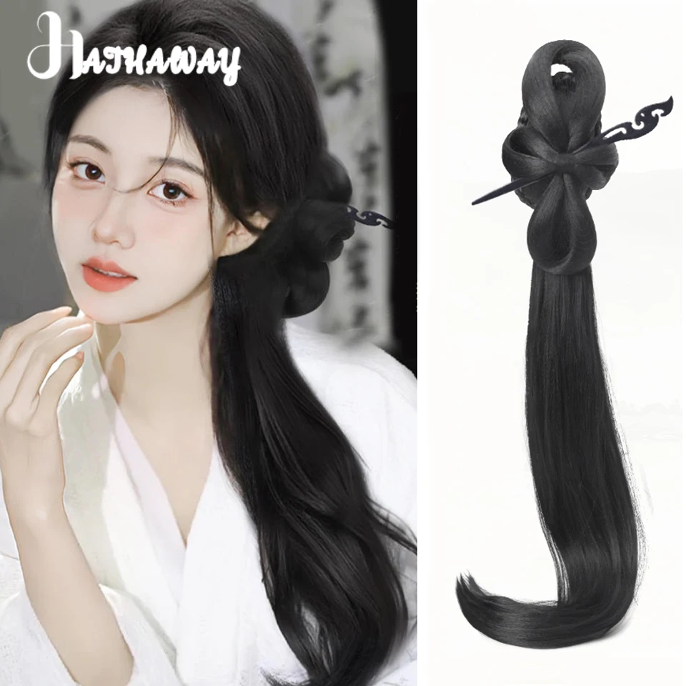 Synthetic New Chinese Ponytail National Wind Grab Clip Side Ponytail Cheongsam Retro Wig Long curly Hair High Ponytail Woman