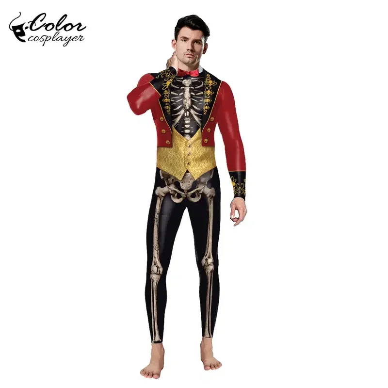 Kleur cosplayer Halloween party skelet jumpsuit cosplay kostuum unisex Zentai Purim carnaval lange mouw fancy cosplay catsuit