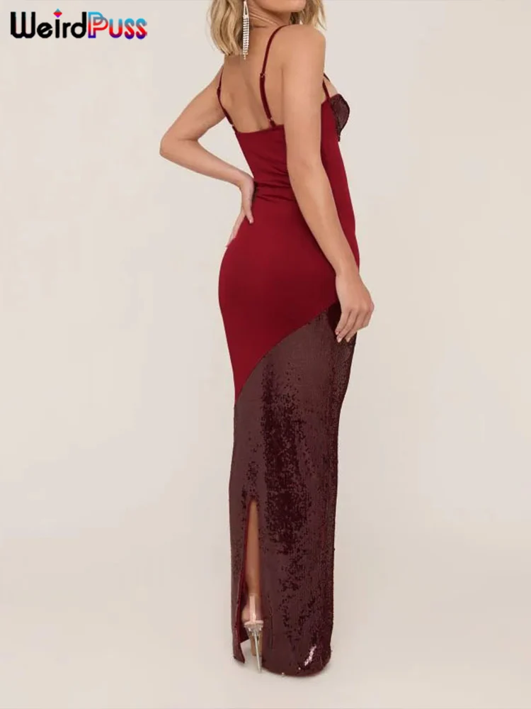 فستان نسائي غريب مزين بالترتر ومزين بقطع القماش مثير مجوف ورقبة منخفضة محب بدون أكمام وظهر كلاسيكي وشقوق متباينة طويلة