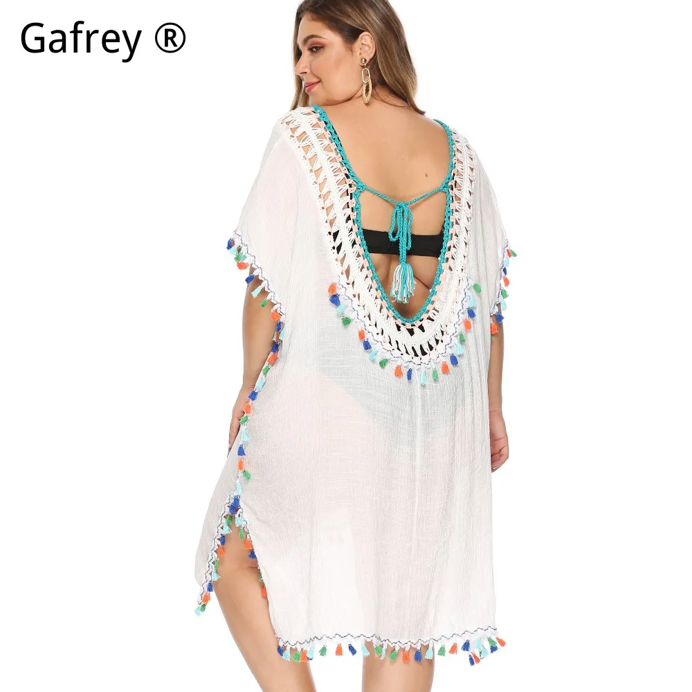 Plus Size 3XL 2XL XL Bohemian Crochet Beach Dress 2026 New Colorful Fringe Patchwork Deep V-Neck Backless Loose Cover Up Women view 2