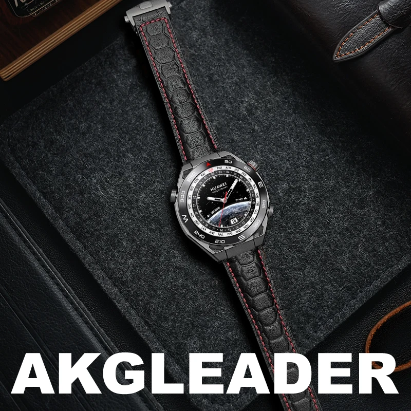 AKGLEADER Armor-embellished cowhide leather watch band for Huawei Watch GT 5 Pro 46mm band for 22mm 26mm strap for watch 4 Pro