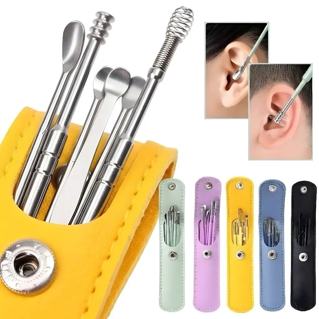 Kit de Limpeza de Ouvido 6 Peças em Aço Inoxidável, Removedor de Cera Seguro e Higiênico para Família, Portátil