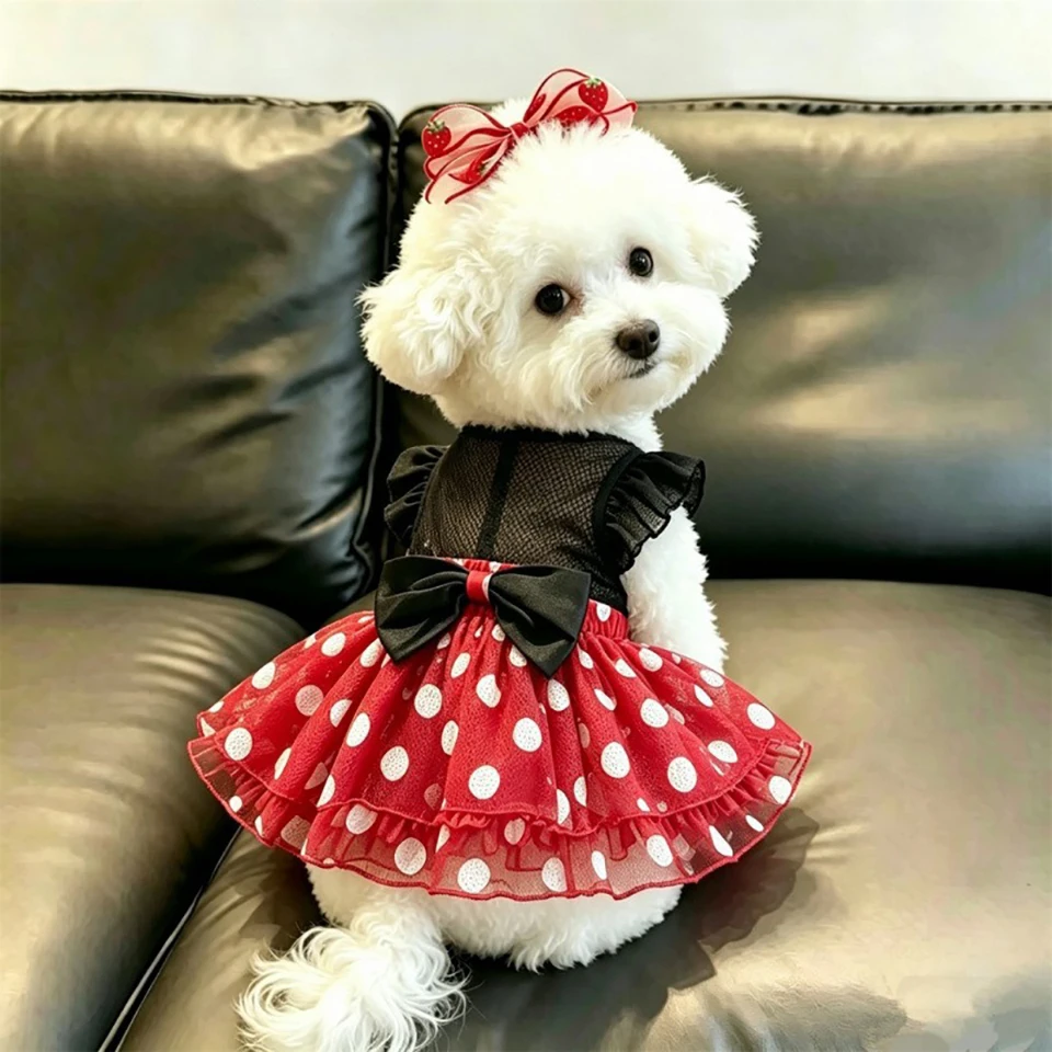 Süßes Sommer-Hundekleid, Niedliche Polka-Dot-Haustierkleidung, Prinzessinnen-Schleifenkleid, Netz-Trägerkleid für Teddy-Haustierbedarf – Detail 2