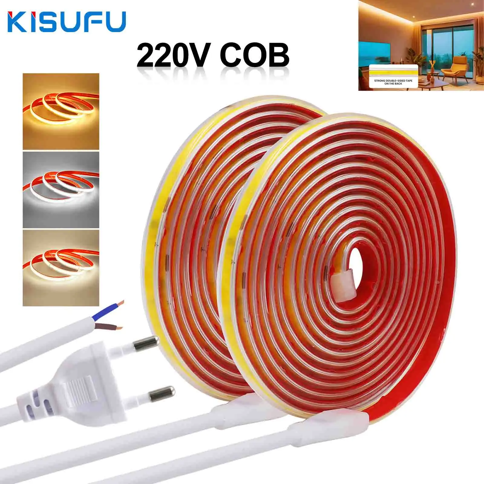 Лента COB переменного тока 220 В с комплектом вилок европейского стандарта/контактный провод Водонепроницаемая клейкая лента IP65 240 светодиодов 10 см Гибкая лента Веревка Открытая лента