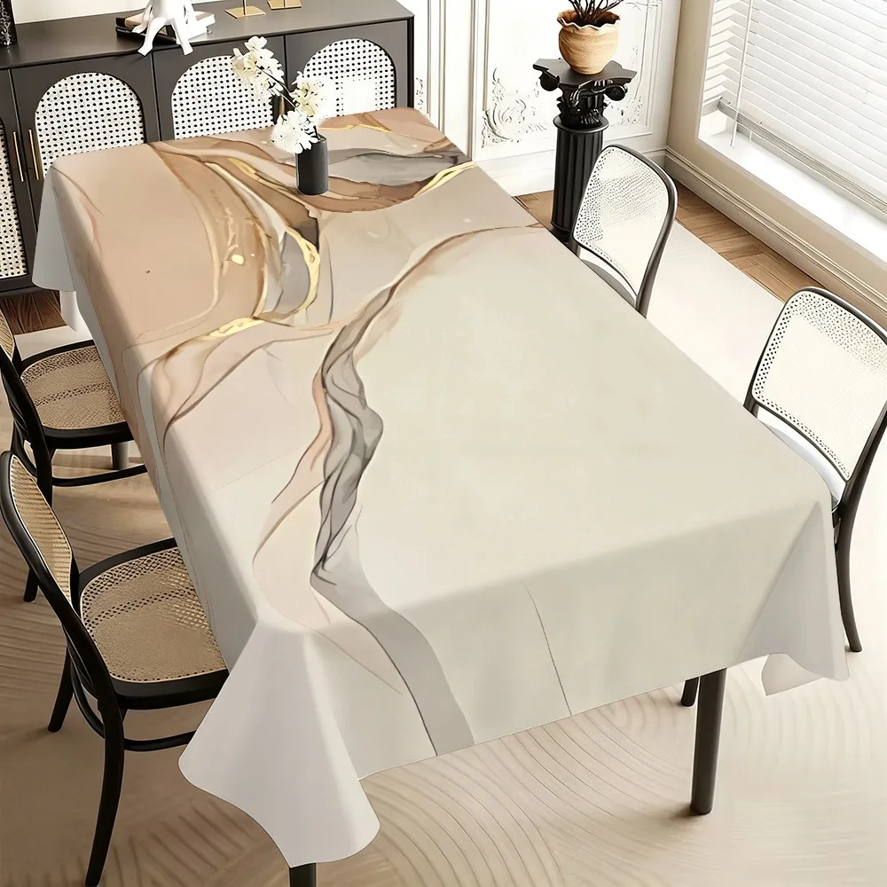 Light luxury and minimalist style with abstract flowing patterns. Main color is beige, complemented by gold and gray.