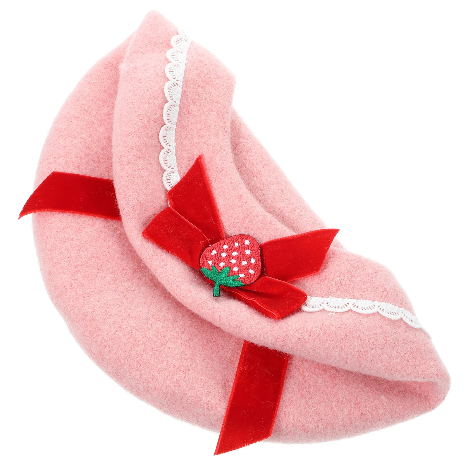 Berets Strawberry Bow Woolen French Beret Hat Wool Cap 56-58Cm Handmade Fashion Warm Hat Gift Halloween Christmas Xmas