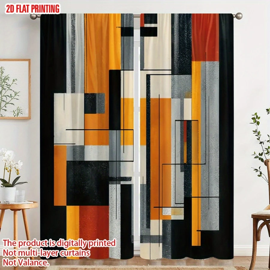 2PCS Digital Printed Curtains, Geometric Modern Flat Print, Polyester Fabric for Family Gathering Bedroom Wall Home Room Decor