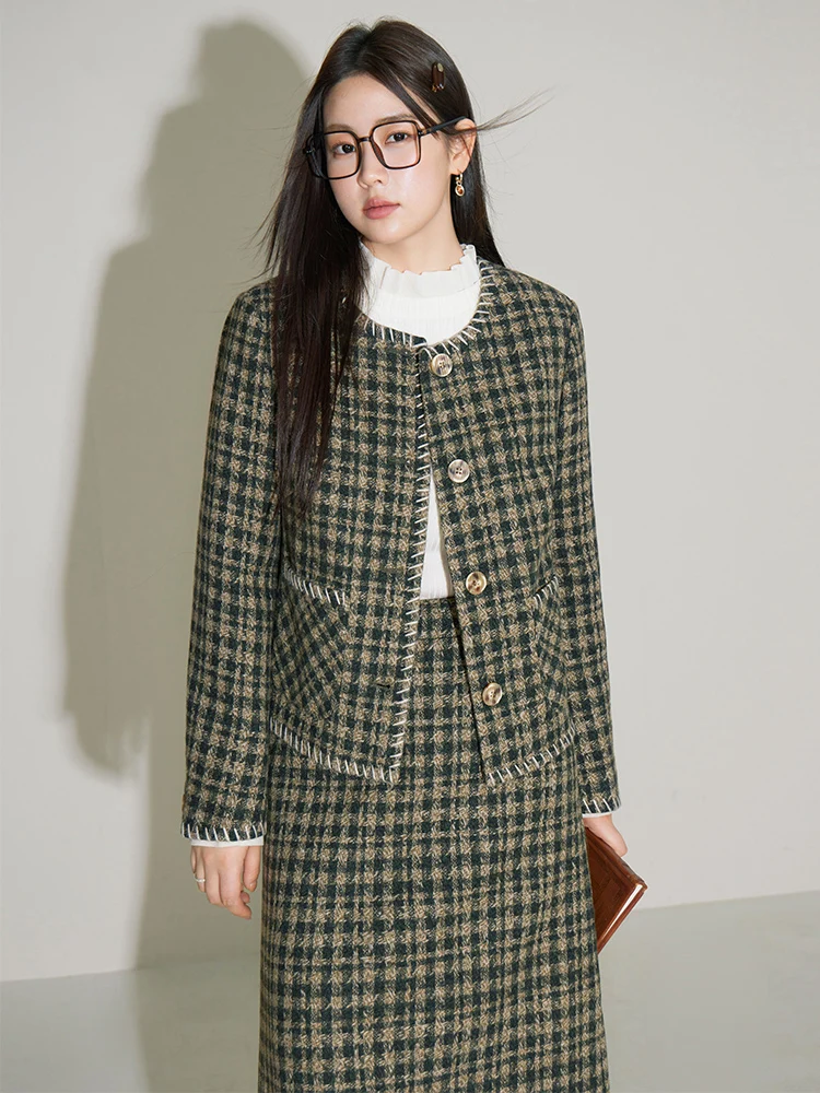 DUSHU Retro Fragrant Style Pattern Fashion Set Winter 2023 New Wool Blended Coat Half Skirt Brown Checkerboard Skirts For Women