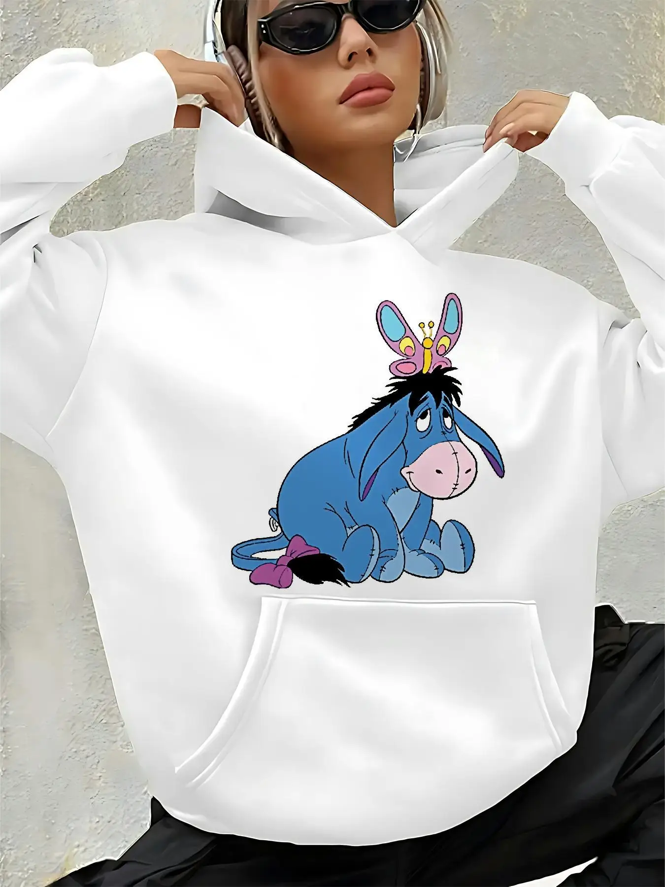 Women's Disney Eeyore Autumn and Winter Fleece Hooded Sweatshirt Unisex Streetwear Oversized Loose Casual Event Outfit