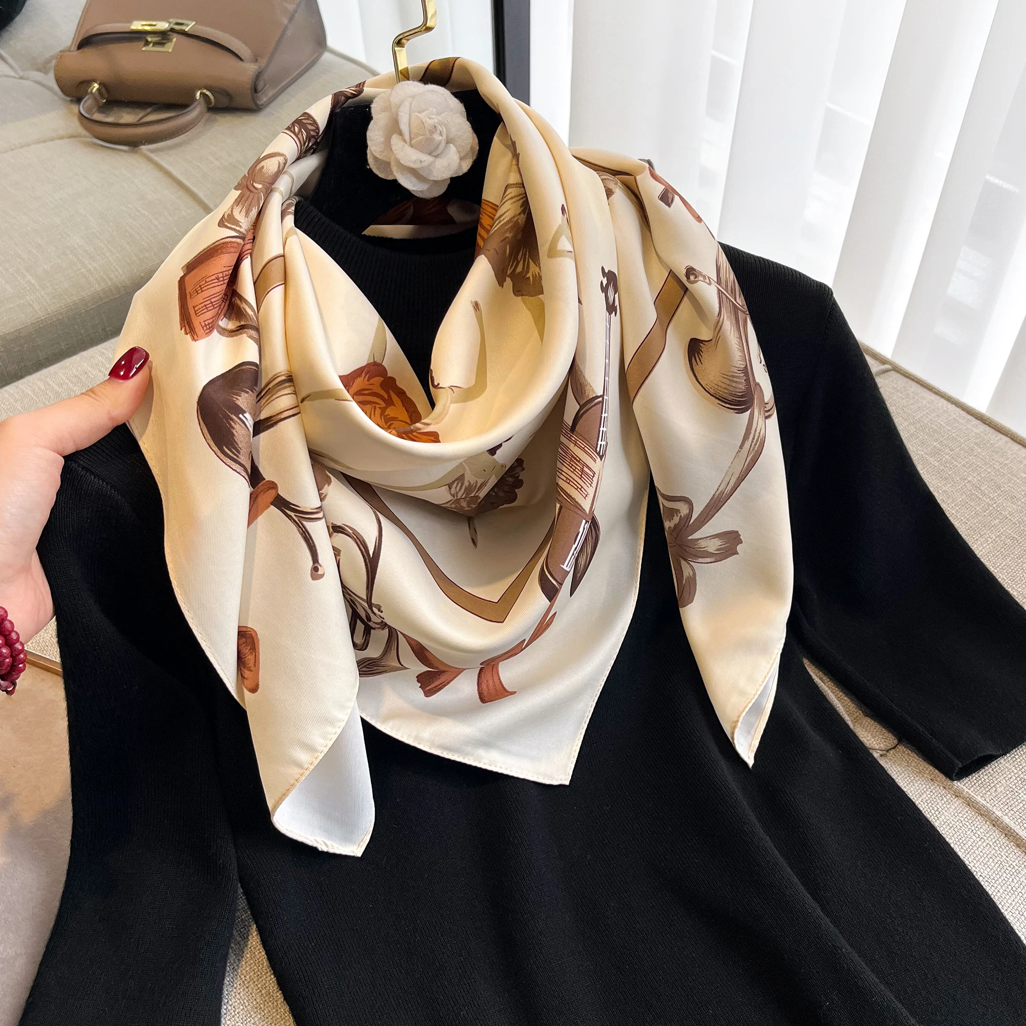 New Fashion Luxury Printing 90*90CM Women Scarf Satin Twill Square Big Shawl Elegant Headscarf Smooth Soft Neck Tie Bandana